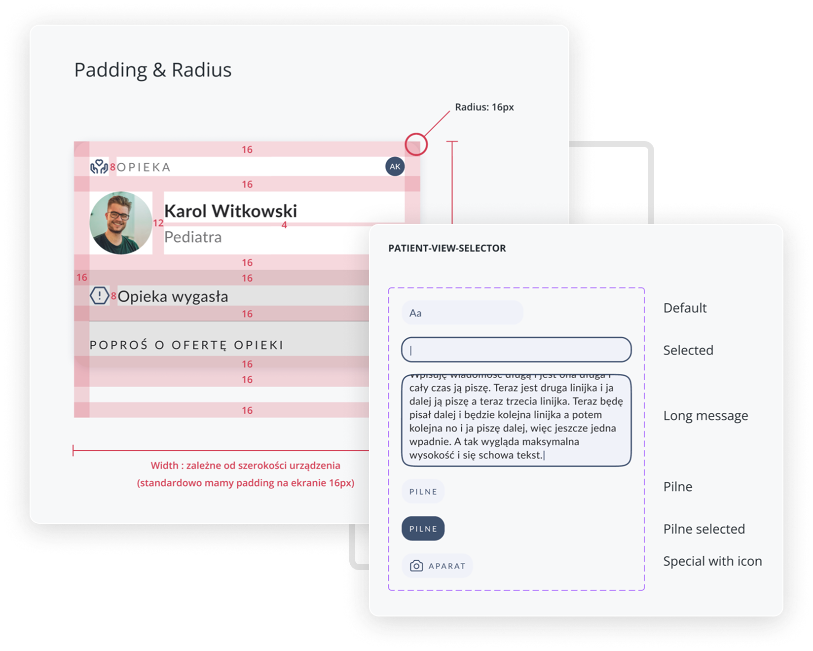 Padding and radius specs alongside every documented variant