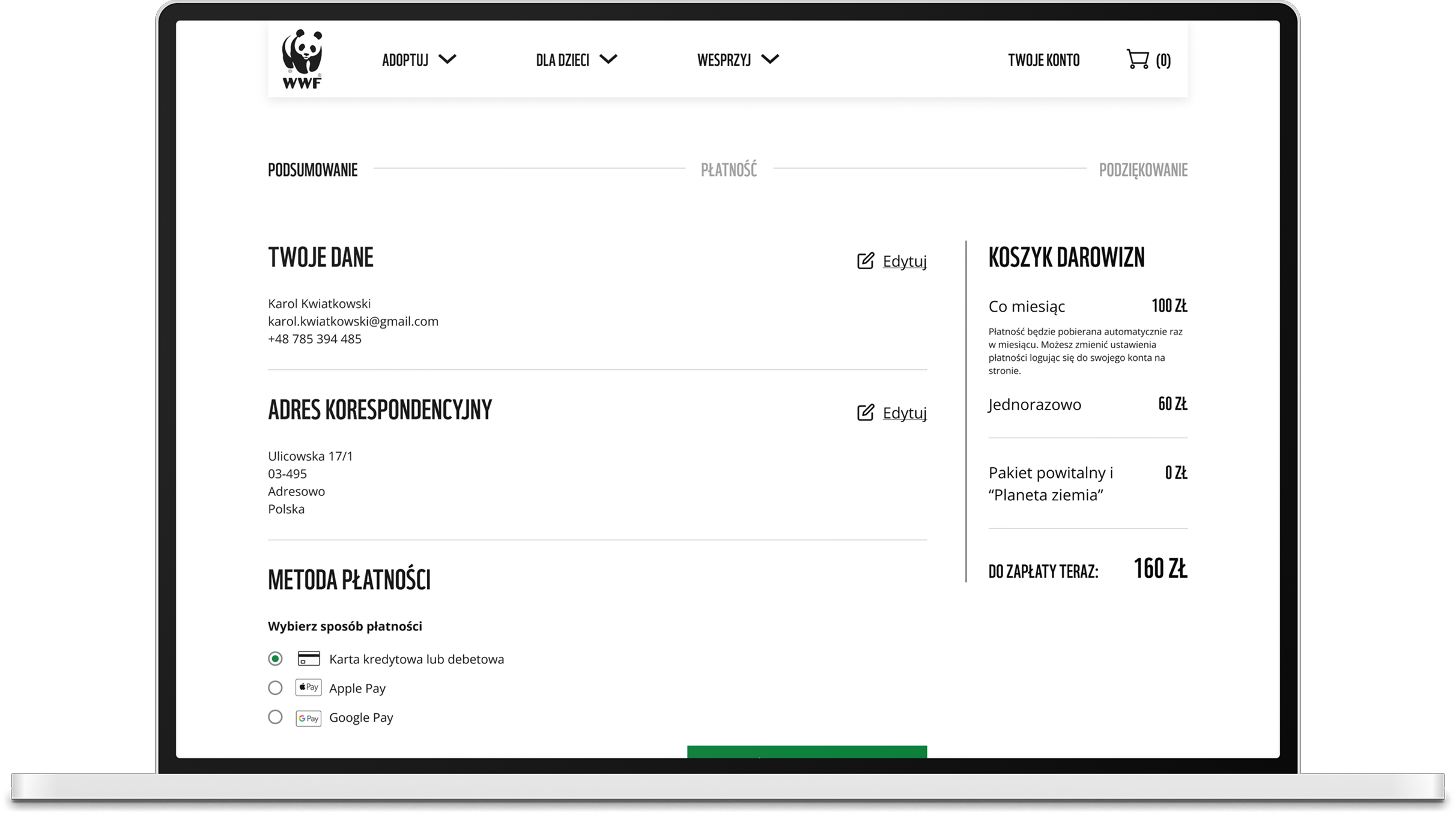Checkout with a donations basket mixing a monthly subscription and a one-time gift