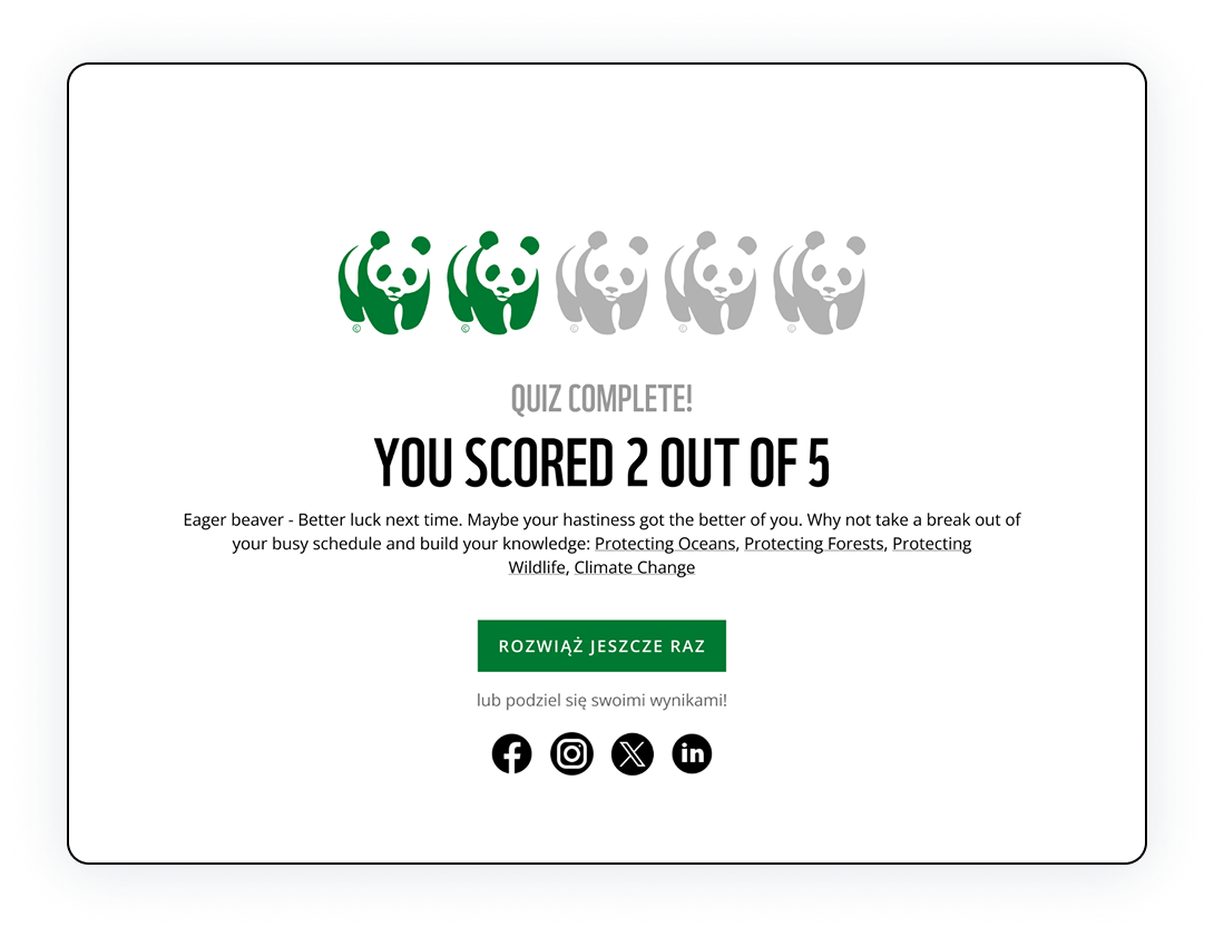 Quiz result page scoring the user